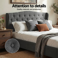 Artiss Queen Bed Frame with Wingback Headboard Grey Linen Upholstered Platform Bed Base