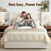 Artiss Queen Bed Frame with Gaslift Storage USB Type-C Charging Ports Velvet Upholstery White