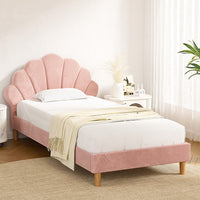 Artiss Bed Frame King Single Size Scallop-Shape Bedhead Beds Base Pink Velvet Fabric