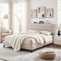 Artiss Queen Bed Frame with Storage Adjustable Headboard Platform Base Linen Fabric Charging Ports