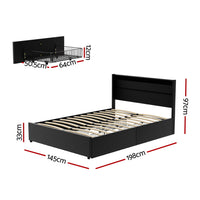 Bed Frame Double Size LED with 4 Drawers Black DUNN