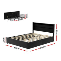 Bed Frame Queen Size LED with 4 Drawers Black DUNN