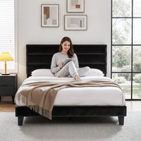 Artiss Double Bed Frame Upholstered Platform Base with Geometric Headboard Black Velvet