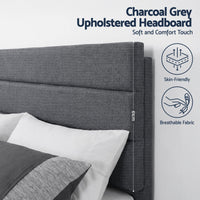 Artiss Double Bed Frame Upholstered Platform Base with Geometric Headboard Charcoal Grey Linen Wood Slats for Modern Bedroom Furniture Home Decor