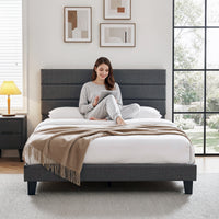 Artiss Queen Bed Frame Upholstered Platform Base with Geometric Headboard Charcoal Grey Linen Wood Slats for Modern Bedroom Furniture Home Decor