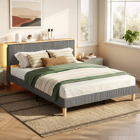 Artiss Queen Bed Frame Upholstered Adjustable Headboard Mood Lighting Heavy Duty Grey Velvet