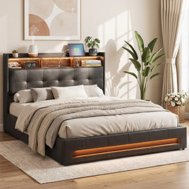 Artiss Double Bed Frame with Gas Lift Storage LED Lights Charging Station Headboard with Open Shelf