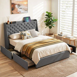 Artiss Double Bed Frame with 4 Storage Drawers and Charging Station Tufted Wingback Headboard 300kg Loads Charcoal Grey