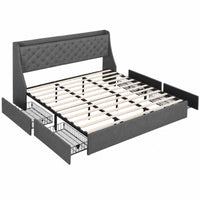 Artiss King Bed Frame with 4 Storage Drawers and Charging Station Tufted Wingback Headboard 300kg Loads Charcoal Grey