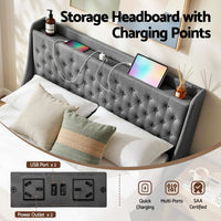 Artiss Queen Bed Frame with 4 Storage Drawers and Charging Station Tufted Wingback Headboard 300kg Loads Charcoal Grey