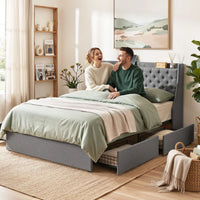 Artiss Queen Bed Frame with 4 Storage Drawers and Charging Station Tufted Wingback Headboard 300kg Loads Charcoal Grey
