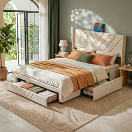 Artiss Double Bed Frame with Charging Station and Storage Drawers Beige 300KG Noise Free