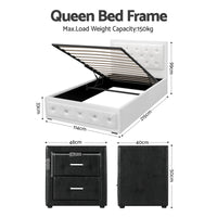 Artiss King Single Bed Frame Storage White Leather Gas Lift Bed Black Bedside Table Set