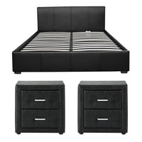 Artiss Gas Lift Queen Bed Frame and 2 Bedside Table Set Leather Black