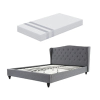 Artiss and BedStory Double Bed Frame and Mattress Set Memory Foam Cooling Gel Medium Soft Tufted Wing Headboard Grey
