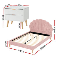 Artiss Double Bed Frame Scallop Headboard Pink Velvet with 2 Drawer Bedside Table