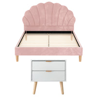 Artiss Double Bed Frame Scallop Headboard Pink Velvet with 2 Drawer Bedside Table