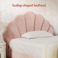 Artiss King Single Bed Frame BedStory Mattress Set Pink Velvet Scallop Bedhead with 20cm Mattress