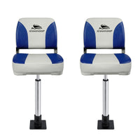 Seamanship 2X Folding Boat Seats with 2X Adjustable Pedestals 55–75cm Marine Swivel Low Back 13cm Padding White Blue