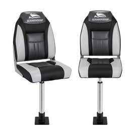 Seamanship 2X Folding Boat Seats with 2X Adjustable Pedestals 55–75cm Marine Seat Swivel High Back 12cm Padding Black
