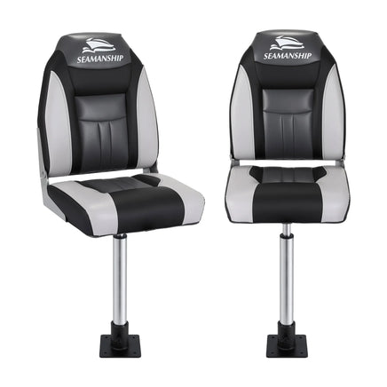 Seamanship 2X Folding Boat Seats with 2X Adjustable Pedestals 55–75cm Marine Seat Swivel High Back 12cm Padding Black