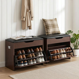 Artiss 2x Shoe Bench Set Flip Drawer Walnut