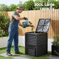 Gardeon Compost Bin 300L Heavy-Duty Black Outdoor Composter with Top Lid Bottom Door