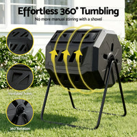 Gardeon Compost Bin Dual-Chamber 160L Composter Tumbler Rotating Garden Recycle Food Waste