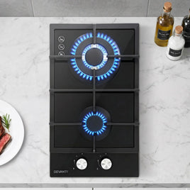 Devanti Gas Cooktop 30cm 2 Burner Built-in Stove Glass Cook Top NG LPG Wok Burner