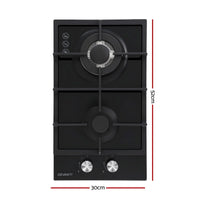 Devanti Gas Cooktop 30cm 2 Burner Built-in Stove Glass Cook Top NG LPG Wok Burner