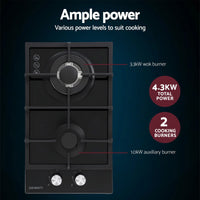 Devanti Gas Cooktop 30cm 2 Burner Built-in Stove Glass Cook Top NG LPG Wok Burner