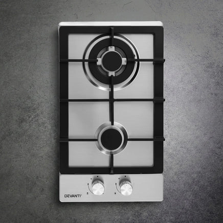 Devanti Gas Cooktop 30cm 2 Burner Silver