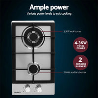 Devanti Gas Cooktop 30cm 2 Burner Silver