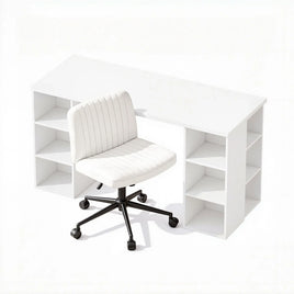 Artiss Office Desk & Chair Set 150cm Computer Desk with 6 Storage Shelves & Ergonomic Cross Legged Chair Armless Cross PU Leather Office Chair with Wheels