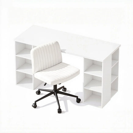 Artiss Office Desk & Chair Set 150cm Computer Desk with 6 Storage Shelves & Ergonomic Cross Legged Chair Armless Cross PU Leather Office Chair with Wheels