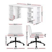Artiss Office Desk & Chair Set 150cm Computer Desk with 6 Storage Shelves & Ergonomic Cross Legged Chair Armless Cross PU Leather Office Chair with Wheels