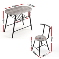 Artiss Oval Dining Table Set 3PC Space-Saving Bistro Kitchen Storage Wine Rack Grey