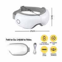Livemor Eye Massager with Heat & Vibration | 180° Foldable Electric Eye Heat Mask with Bluetooth Music for Fatigue Relief | Rechargeable 3D Wrap-Around Temple Massager, White
