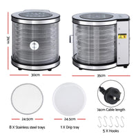 Devanti 8 Trays Food Dehydrator Stainless Steel Auto-Rotate 10 Programs 700W