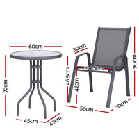 Gardeon 3PC Outdoor Bistro Set Table and Chairs Stackable Patio Furniture Grey