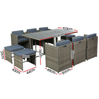 Outdoor Dining Set 11 Piece Wicker Table Chairs Setting Grey