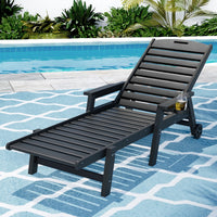 Gardeon Sun Lounge Lounger Beach Chair HDPE Patio Outdoor Furniture with Wheels Black- HE-BK