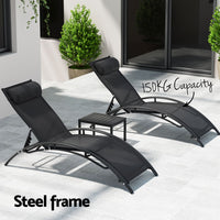 3PC Sun Lounge Outdoor Lounger Steel Table Chairs Patio Furniture Garden