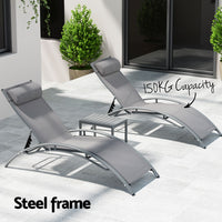 3PC Sun Lounge Outdoor Lounger Steel Table Chairs Patio Furniture Grey