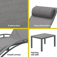 3PC Sun Lounge Outdoor Lounger Steel Table Chairs Patio Furniture Grey