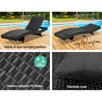 2PC Sun Lounge Wicker Lounger Outdoor Furniture Beach Chair Garden Adjustable Black