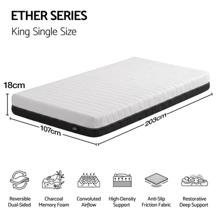 Giselle 18cm King Single Memory Foam Mattress Dual Feel Reversible Charcoal Foam