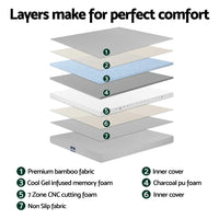 Giselle Bedding Cool Gel Memory Foam Mattress Charcoal 7-Zone Washable Bamboo Cover 15cm King