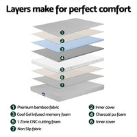Giselle Bedding Cool Gel Memory Foam Mattress Charcoal 7-Zone Washable Bamboo Cover 15cm Single