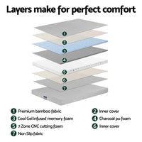 Giselle Bedding Cool Gel Memory Foam Mattress Charcoal 7-Zone Washable Bamboo Cover 15cm Single